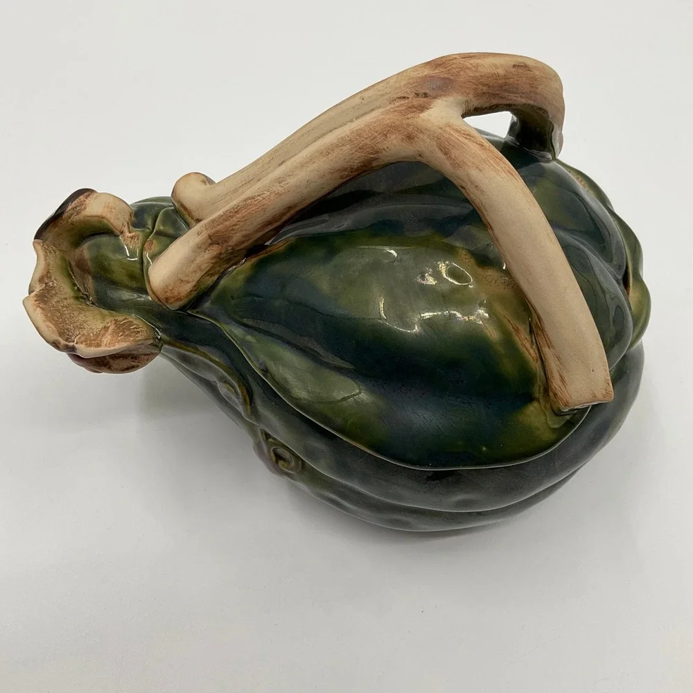 Vintage Botanical Ceramic Gourd Tureen Lidded Bowl Cottagecore Farmhouse Rustic
